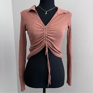 Dreamers by debut brown ribbed ruched crop top with a tie detail